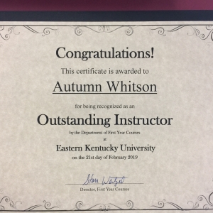 Autumn Whitson Recognized for Excellence in Teaching First Year Courses